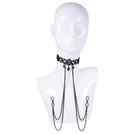 Sex & Mischief Lace Collar with Nipple Ties - Black
