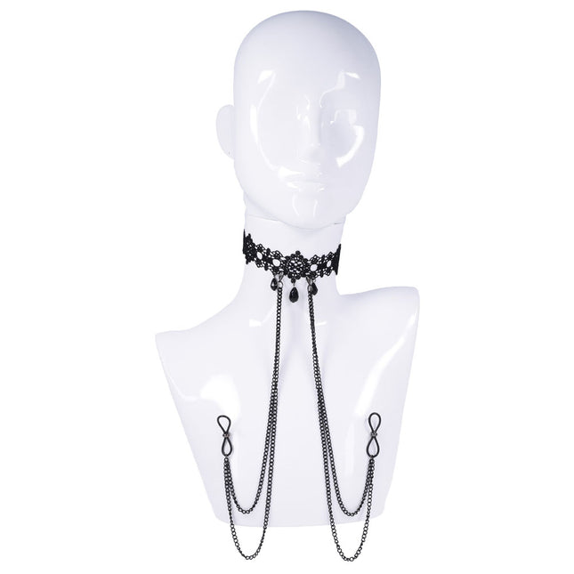 Sex & Mischief Lace Collar with Nipple Ties - Black