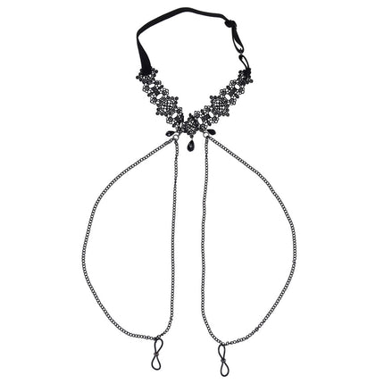 Sex & Mischief Lace Collar with Nipple Ties - Black