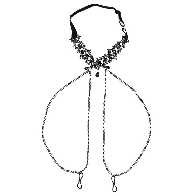 Sex & Mischief Lace Collar with Nipple Ties - Black