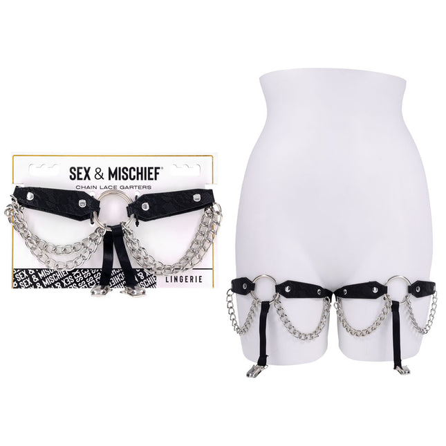 Sex & Mischief Chain Lace Garters - Black/Metal