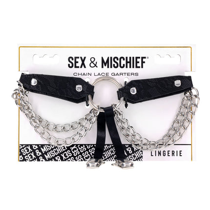 Sex & Mischief Chain Lace Garters - Black/Metal