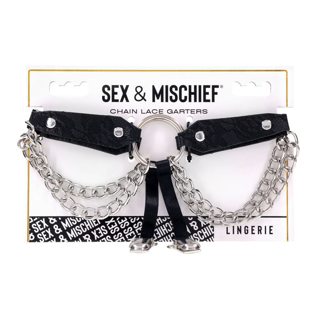 Sex & Mischief Chain Lace Garters - Black/Metal