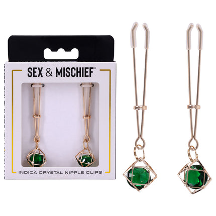 Sex & Mischief Indica Crystal Nipple Clips with Emerald Gems - Gold