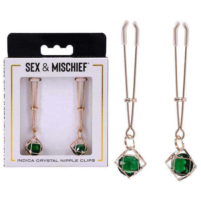 Sex & Mischief Indica Crystal Nipple Clips with Emerald Gems - Gold