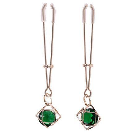 Sex & Mischief Indica Crystal Nipple Clips with Emerald Gems - Gold