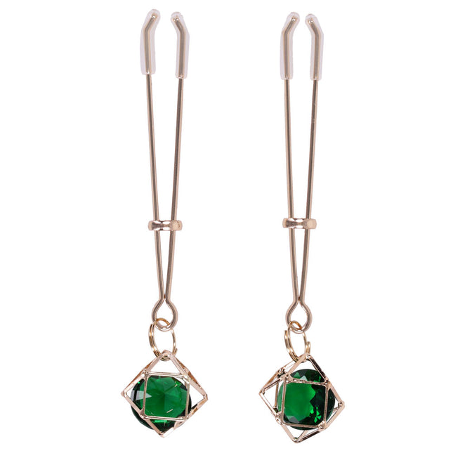 Sex & Mischief Indica Crystal Nipple Clips with Emerald Gems - Gold