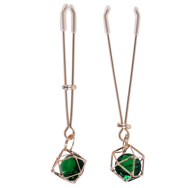 Sex & Mischief Indica Crystal Nipple Clips with Emerald Gems - Gold