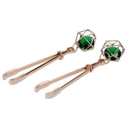Sex & Mischief Indica Crystal Nipple Clips with Emerald Gems - Gold