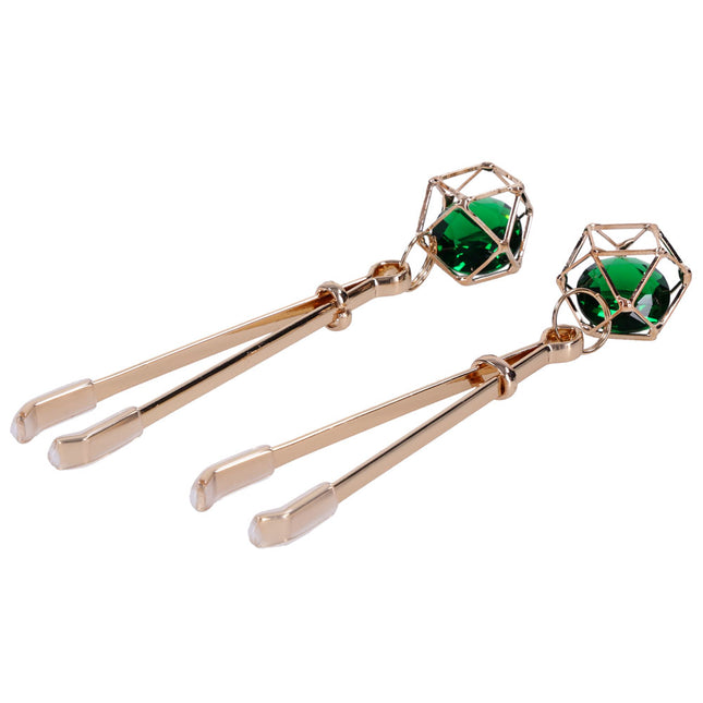 Sex & Mischief Indica Crystal Nipple Clips with Emerald Gems - Gold