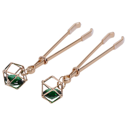 Sex & Mischief Indica Crystal Nipple Clips with Emerald Gems - Gold