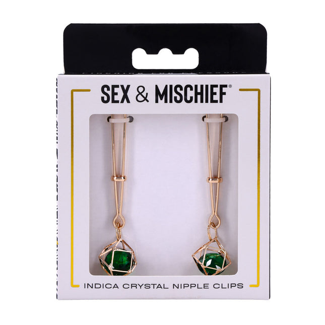 Sex & Mischief Indica Crystal Nipple Clips with Emerald Gems - Gold