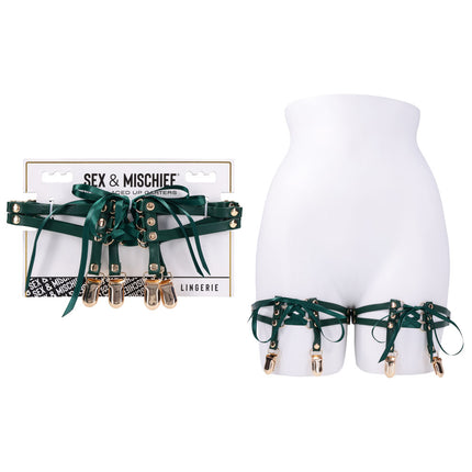 Sex & Mischief Indica Laced Up Garters - Green/Gold Set of 2