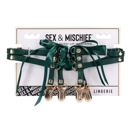 Sex & Mischief Indica Laced Up Garters - Green/Gold Set of 2