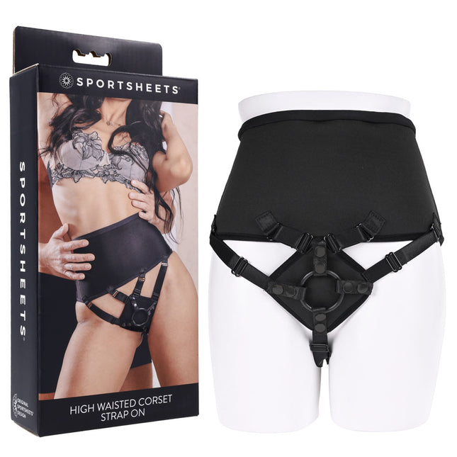 SPORTSHEETS High Waisted Corset Strap On - Black with Case front View