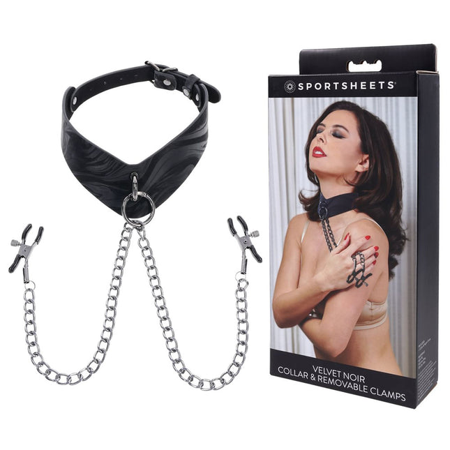 SPORTSHEETS Velvet Noir Collar & Removable Clamps - Black