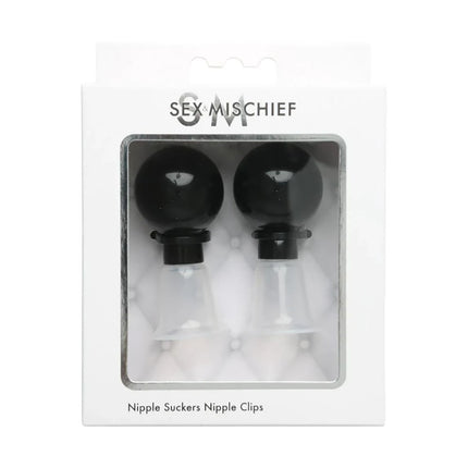 A packaged set of two black nipple suckers with clear silicone bulbs, displayed in a window showing the product and its components.