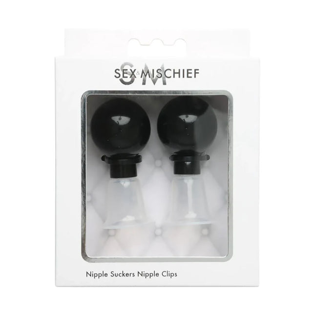 A packaged set of two black nipple suckers with clear silicone bulbs, displayed in a window showing the product and its components.