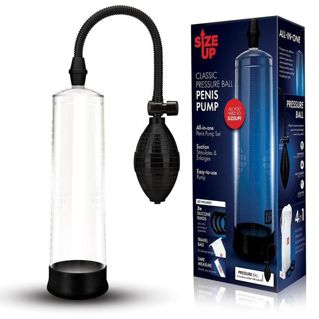 The product image shows a clear penis pump with a black pressure ball and hose. The pump is displayed next to its packaging box which is predominantly blue and black with product images and text.