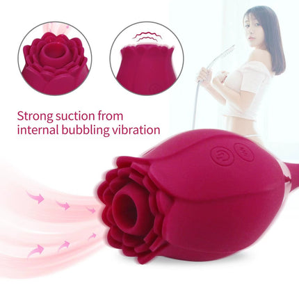 Sucking Rose Vibrator with Strong Suction and Female behind the Sex Toy in background