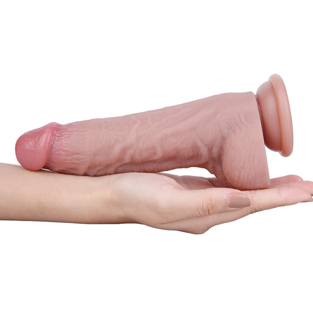 Thick Suction Cup Realistic Silicone Dildo 8 Inch Laying Flat Bare Hand