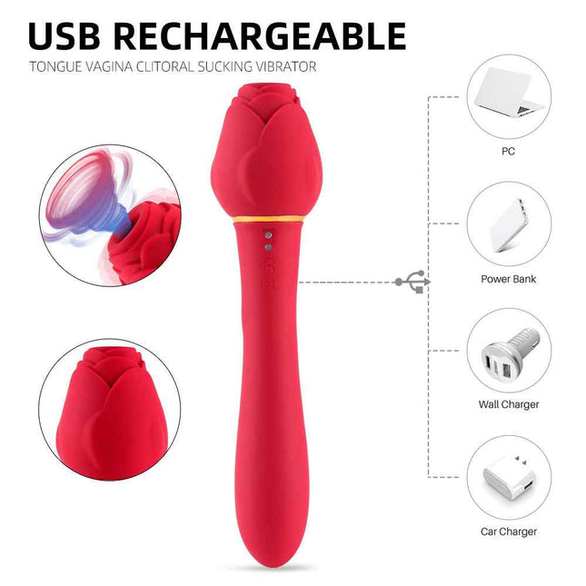 USB Rechargeable Tongue Vagina Clitoral Sucking Rose Vibrator