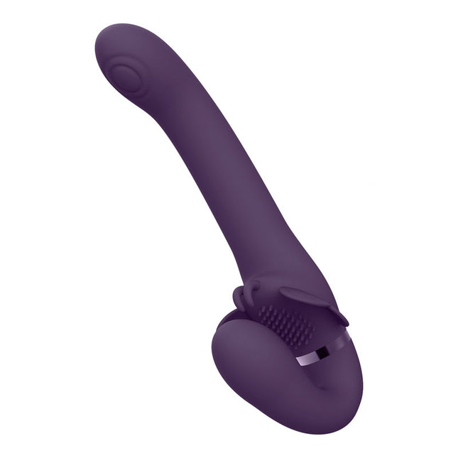 Side 180 degree angle view of Vive SATU Purple Strapless Strap-On