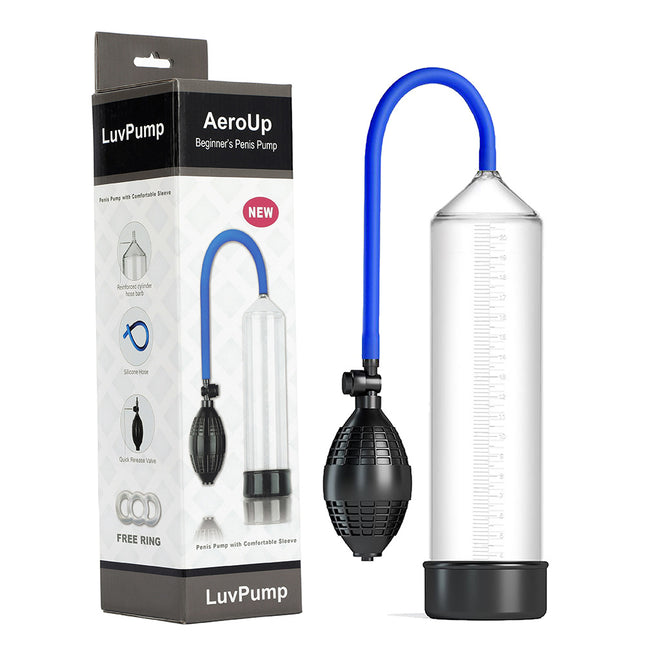 The product image shows the LuvPump AeroUp, a clear penis pump with a blue hose and black pump handle. The package includes a detailed user manual.