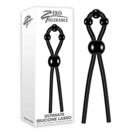 The image shows a black silicone adjustable lasso cock ring, which includes three beads on the lasso for added sensation. The product is displayed both in and out of its packaging, which bears the name Zero Tolerance and key features.