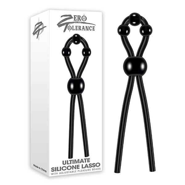 The image shows a black silicone adjustable lasso cock ring, which includes three beads on the lasso for added sensation. The product is displayed both in and out of its packaging, which bears the name Zero Tolerance and key features.