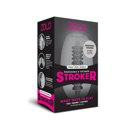 The product image shows the packaging of the ZOLO Grey Mini Bubble Stroker. The box is predominantly black and pink, with clear windows displaying the grey stroker inside.