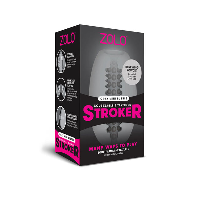 The product image shows the packaging of the ZOLO Grey Mini Bubble Stroker. The box is predominantly black and pink, with clear windows displaying the grey stroker inside.