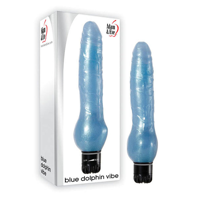 A blue, dolphin-shaped vibrator with realistic detailing and a smooth, veined texture. The product is shown both inside and outside of its packaging.